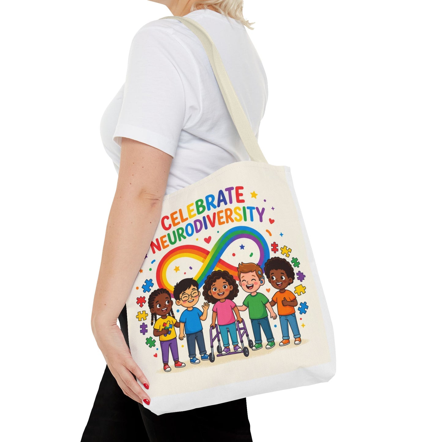 Celebrate Neurodiversity Tote Bag — Rainbow Infinity Symbol with Diverse Kids