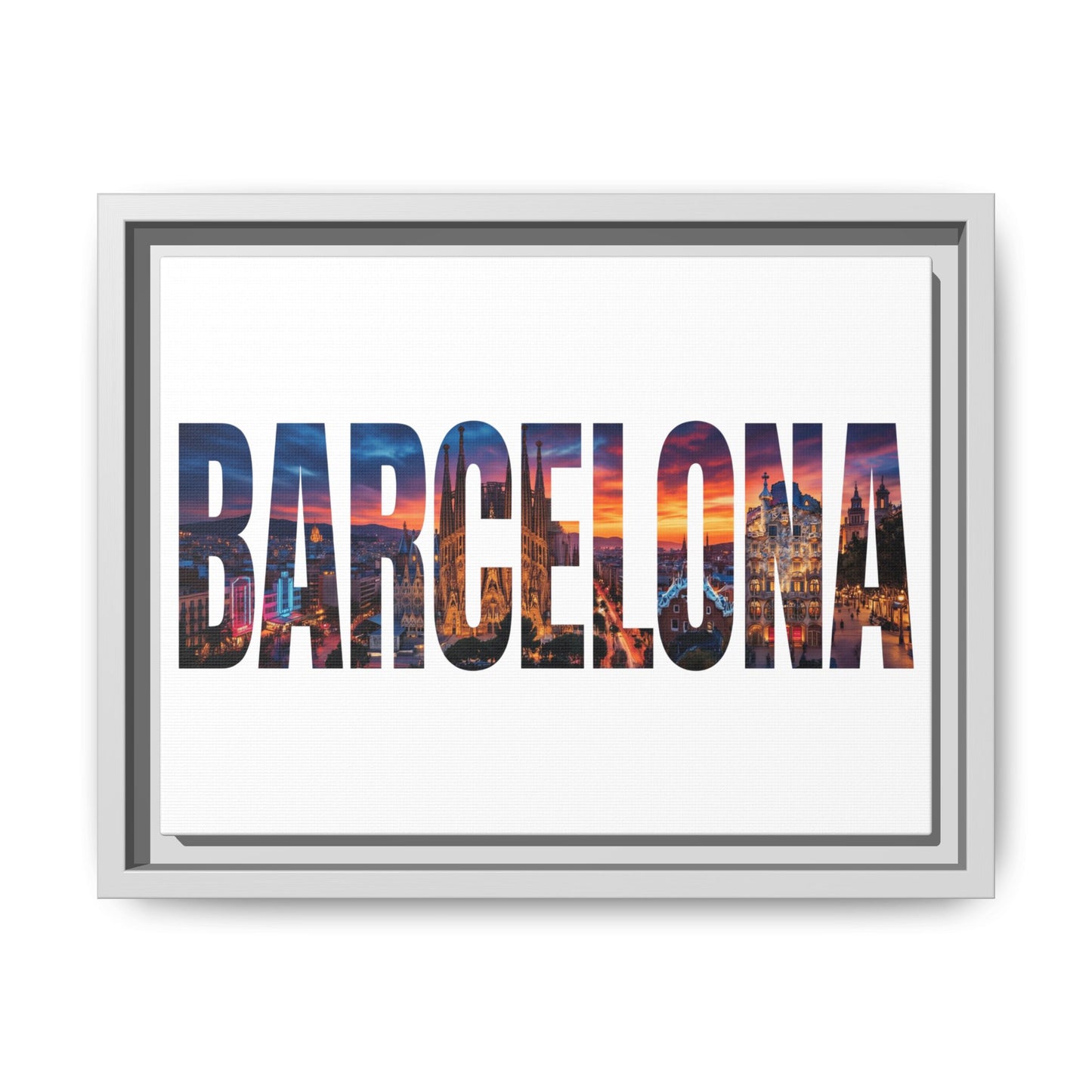 Barcelona Photo-Text Matte Canvas Print — Framed Cityscape Wall Art