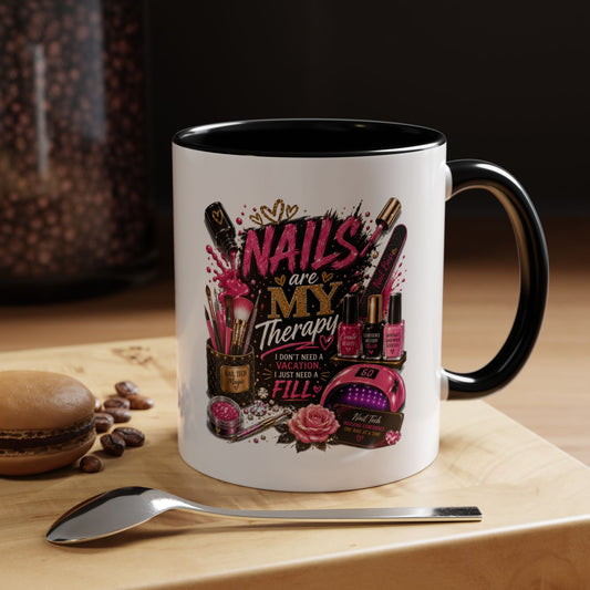 Coffee Mug — "Nails Are My Therapy" Pink Nail Tech Gift