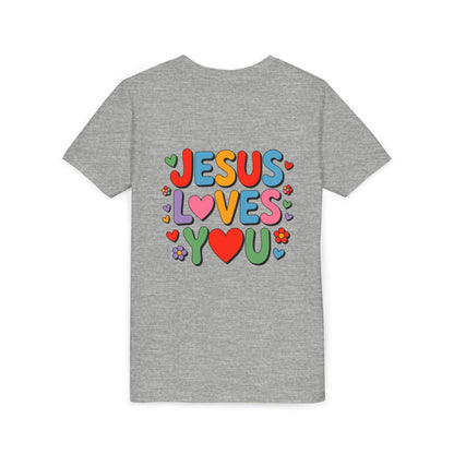 Youth Tee - "Jesus Loves You" Colorful Heart & Flower Christian Shirt