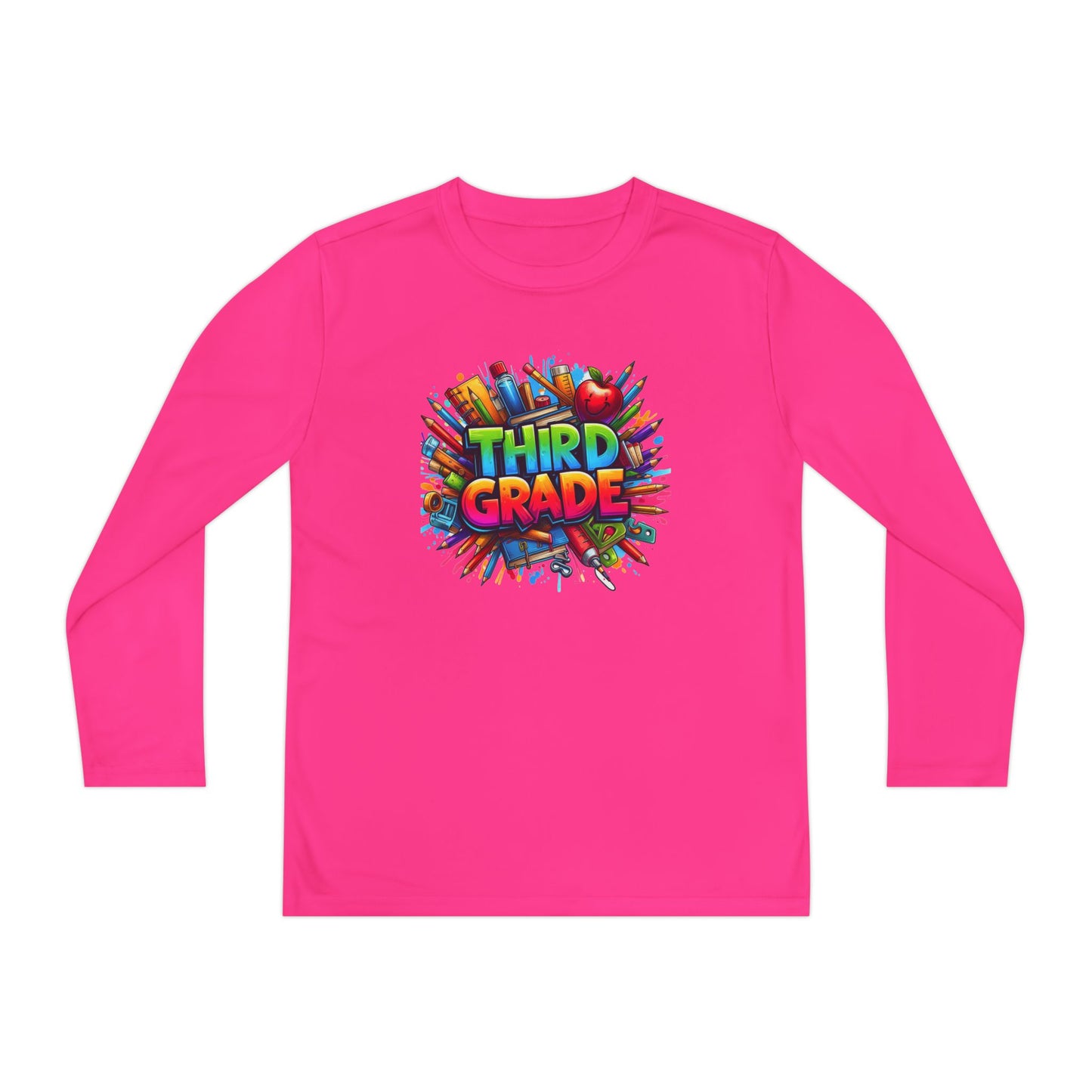 Third Grade Youth Long Sleeve Tee — Colorful School Supplies Design