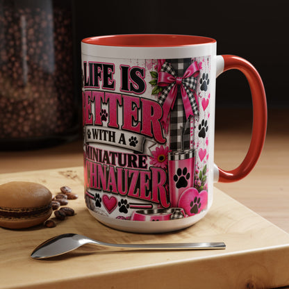 Life Is Better With A Miniature Schnauzer Accent Coffee Mug — Pink Paw Print Dog Lover Gift (11/15oz)