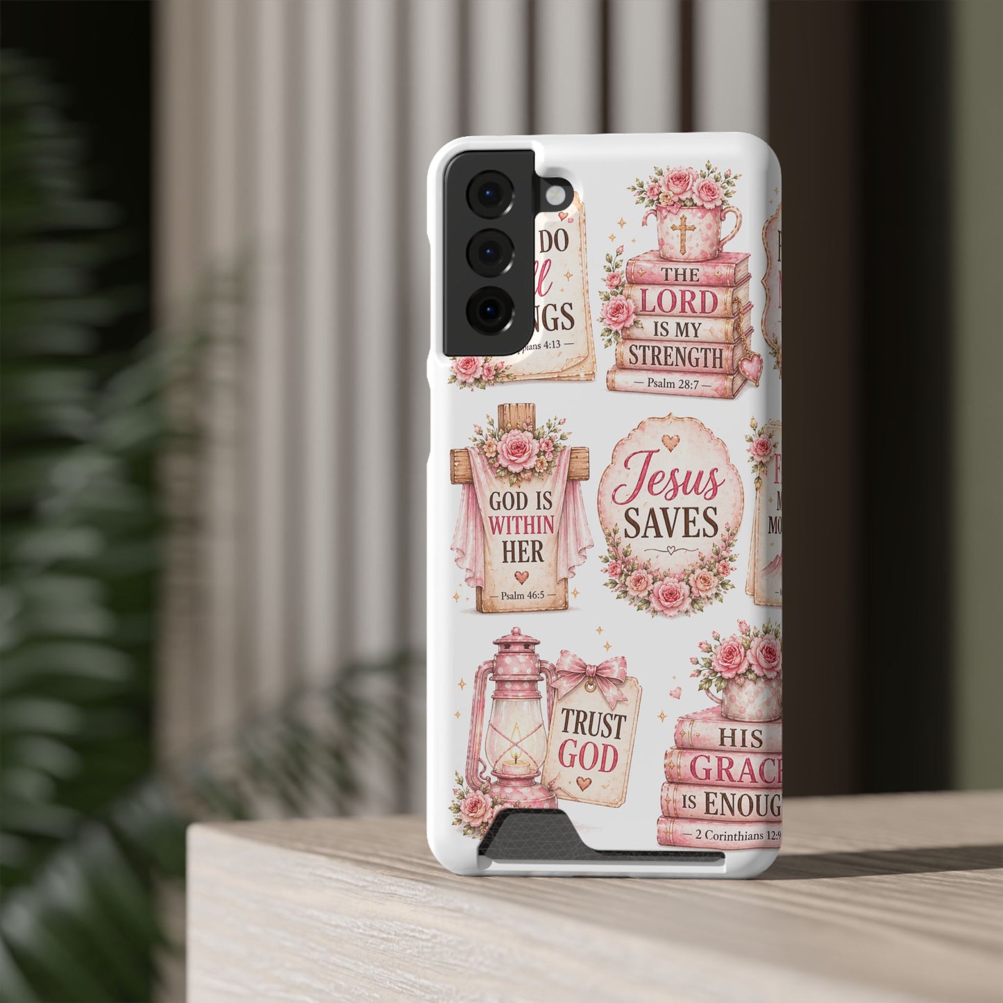 Christian Floral Phone Case with Card Holder — 'Jesus Saves' Inspirational Design