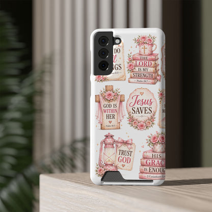 Christian Floral Phone Case with Card Holder — 'Jesus Saves' Inspirational Design