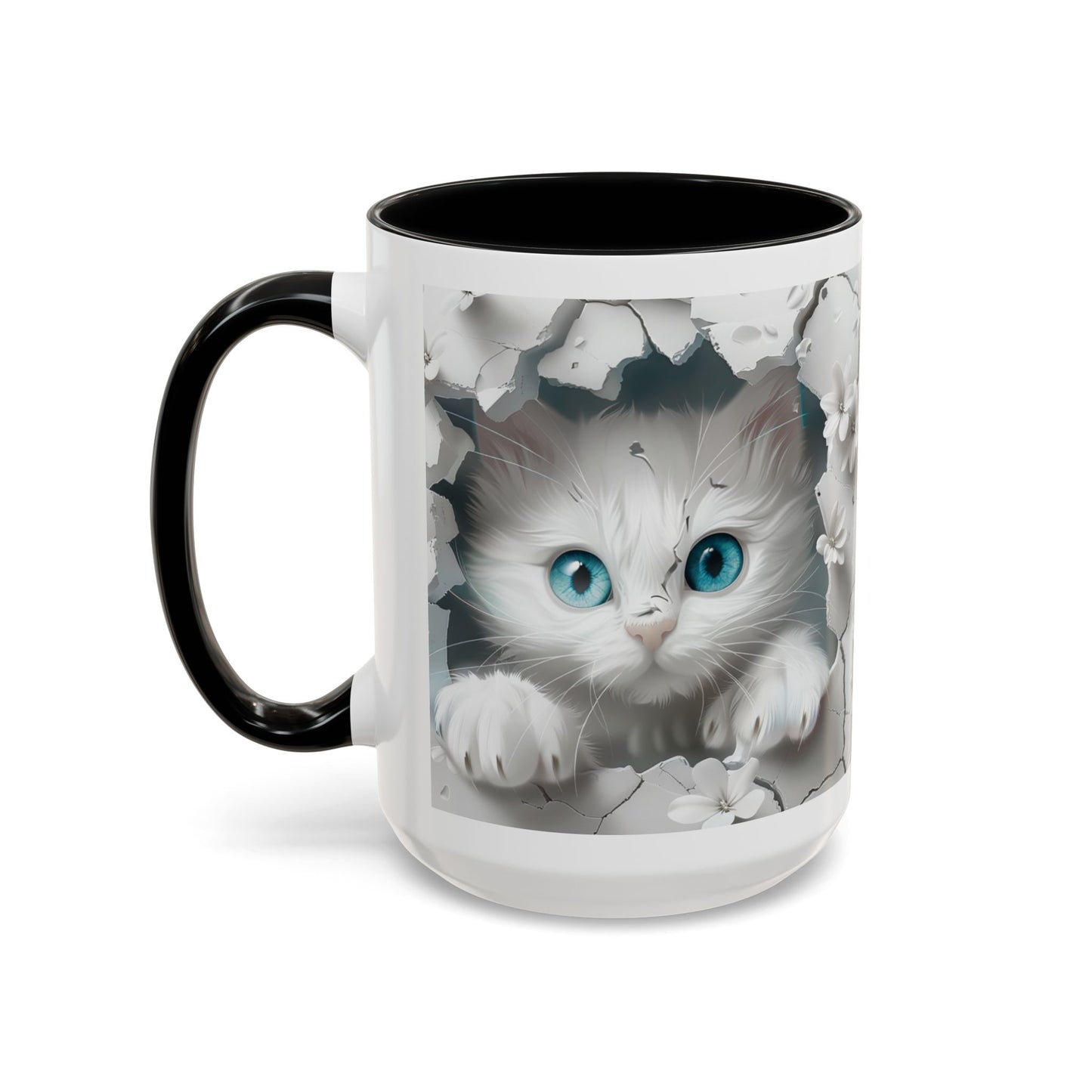 Cute Blue-Eyed Kitten Accent Coffee Mug – Floral Peekaboo Cat Design (11/15 oz)