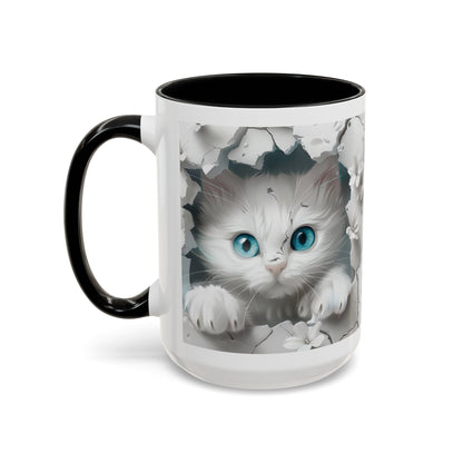 Cute Blue-Eyed Kitten Accent Coffee Mug – Floral Peekaboo Cat Design (11/15 oz)