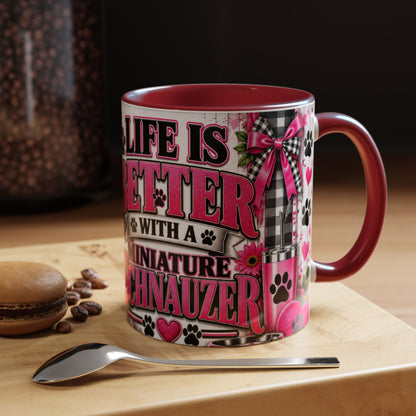 Life Is Better With A Miniature Schnauzer Accent Coffee Mug — Pink Paw Print Dog Lover Gift (11/15oz)