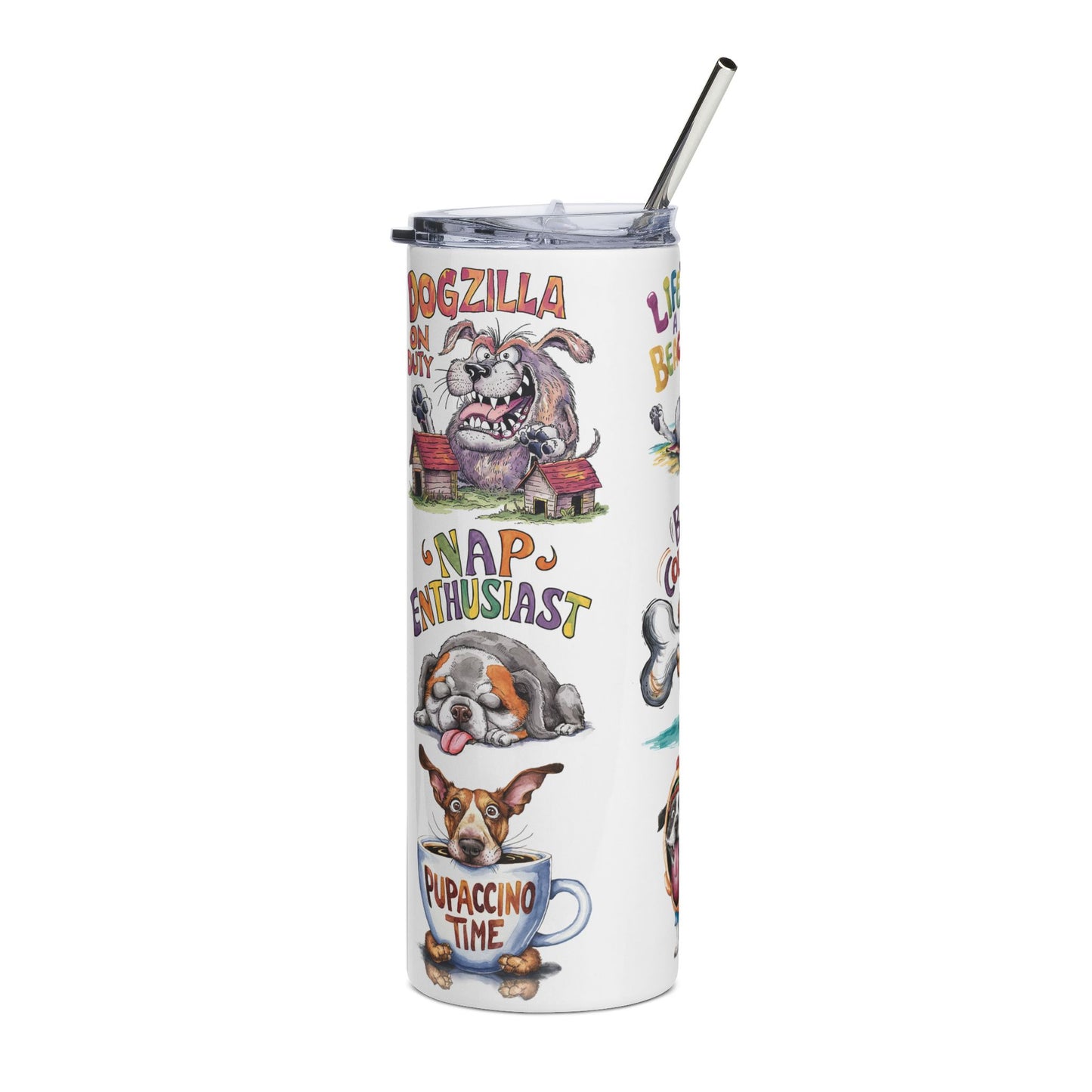 20oz Stainless Tumbler – Cute Dog Pun Collage (Life’s a Beach, Bone Collector, Hot Diggity Dog)