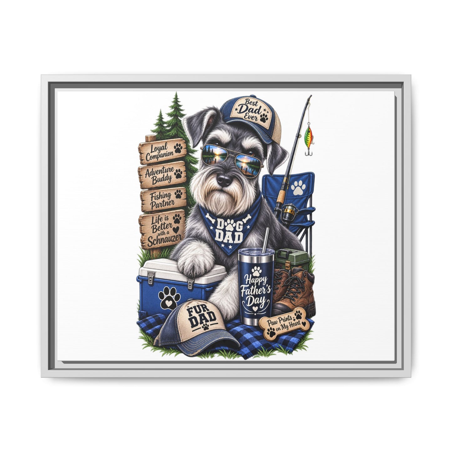 Dog Dad Schnauzer Father's Day Framed Canvas Wall Art — Fishing & Camping Pet Gift