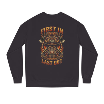 Firefighter Crewneck Sweatshirt — "First In, Last Out" Vintage Fire Department Design