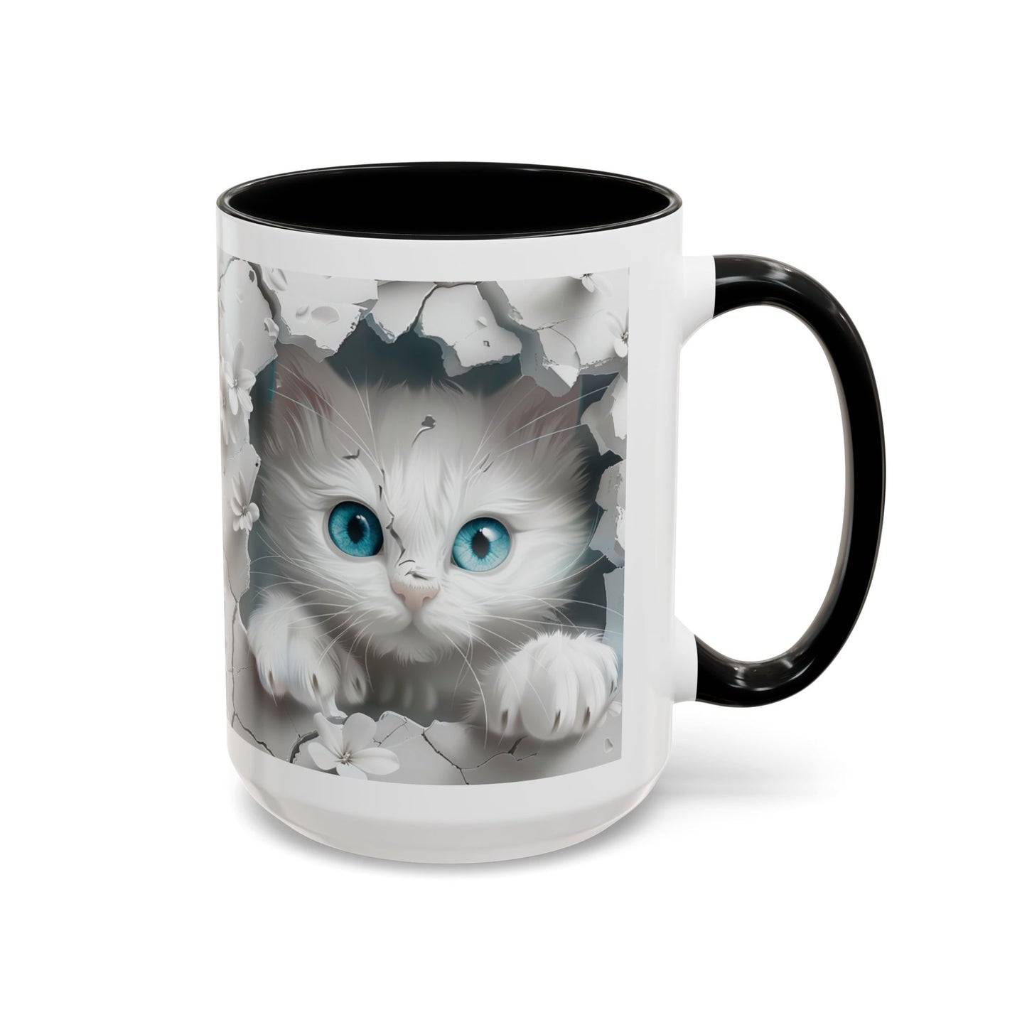 Cute Blue-Eyed Kitten Accent Coffee Mug – Floral Peekaboo Cat Design (11/15 oz)