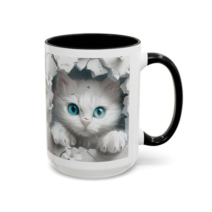 Cute Blue-Eyed Kitten Accent Coffee Mug – Floral Peekaboo Cat Design (11/15 oz)