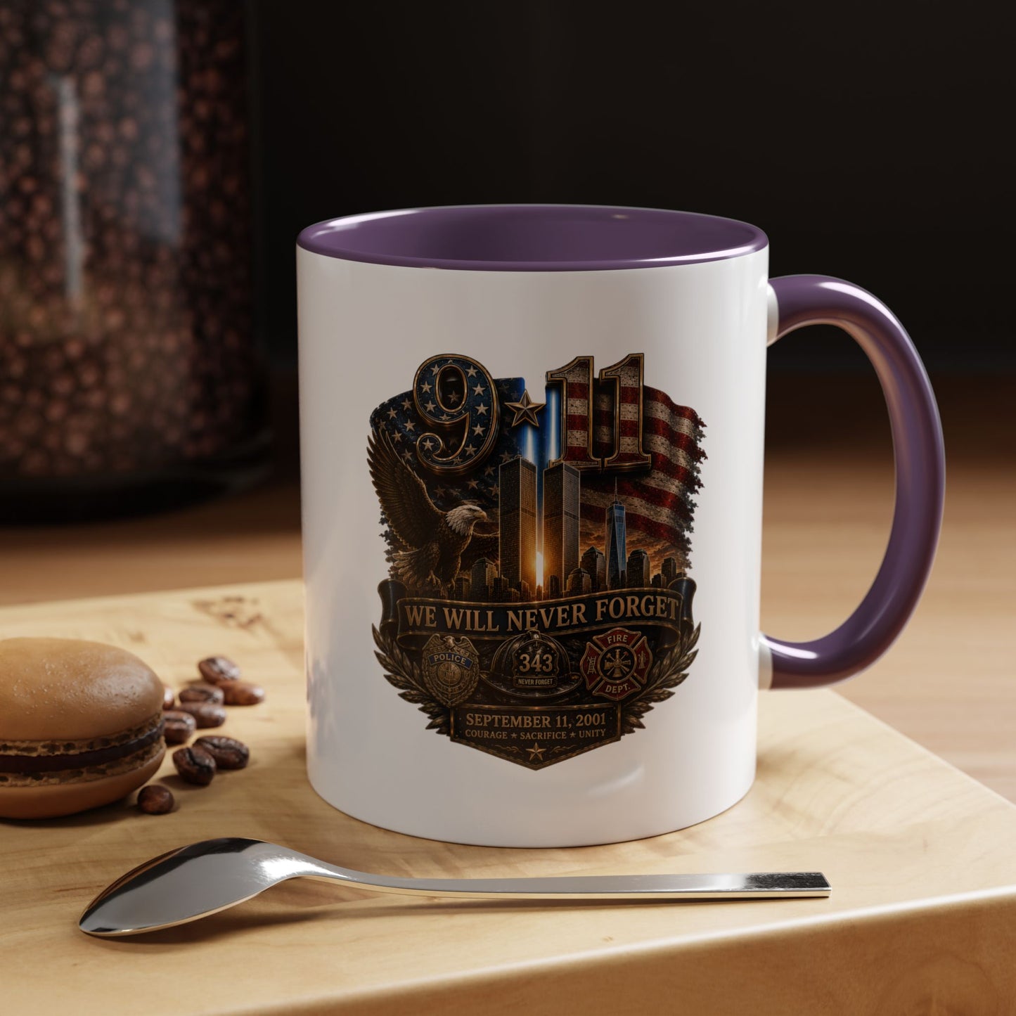 We Will Never Forget 9/11 Memorial Coffee Mug — Patriotic Tribute Accent Mug