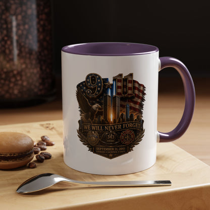We Will Never Forget 9/11 Memorial Coffee Mug — Patriotic Tribute Accent Mug