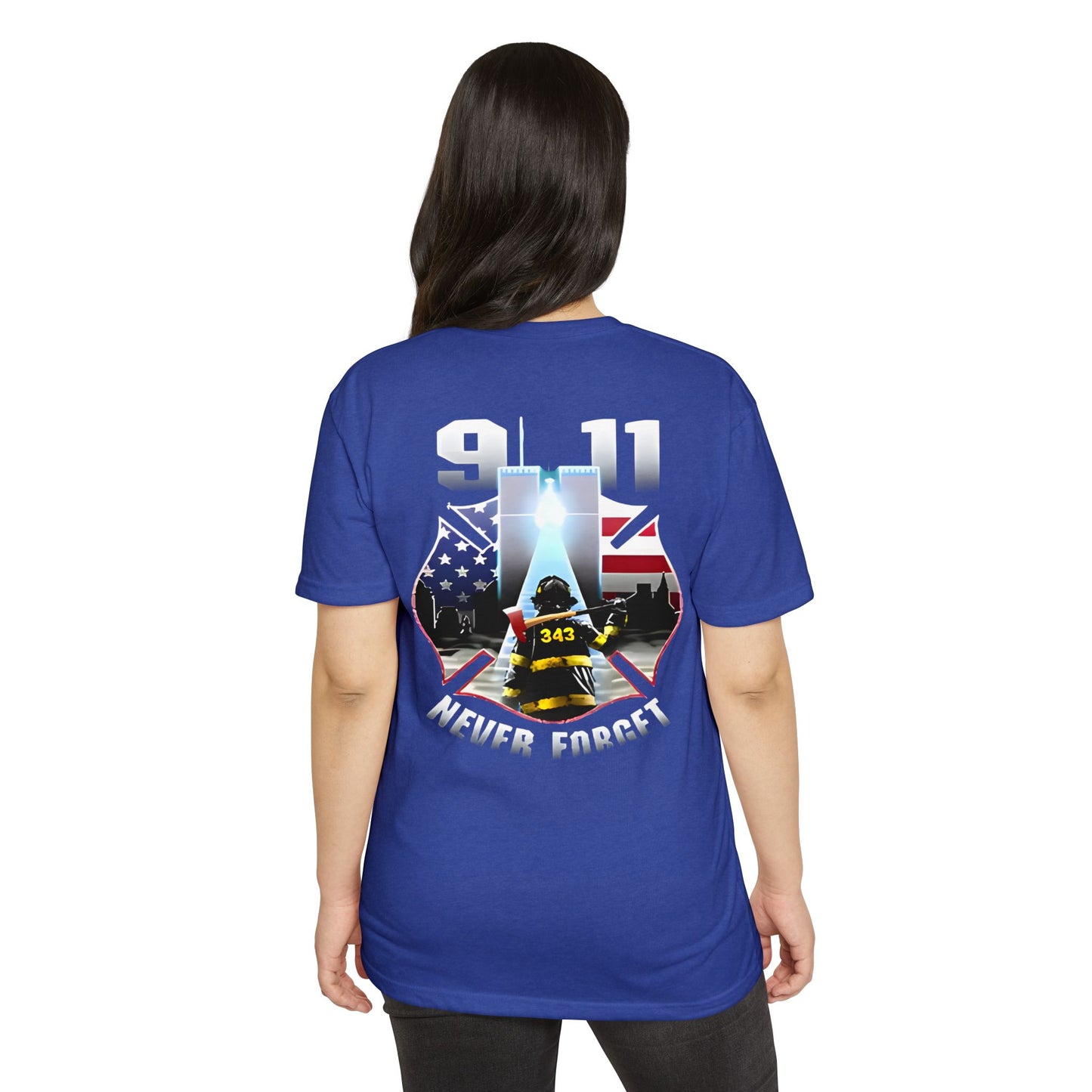 9/11 Never Forget T-Shirt — Firefighter Tribute Tee with Twin Towers & American Flag