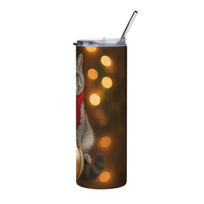 Christmas Cat Tumbler — Grey Cat with Red Scarf & Ornament, 20oz Stainless Steel Holiday Travel Cup