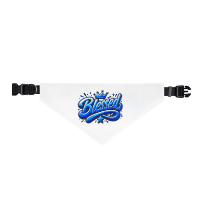 Blessed Clip-On Pet Bandana — Blue Script Design for Dogs & Cats