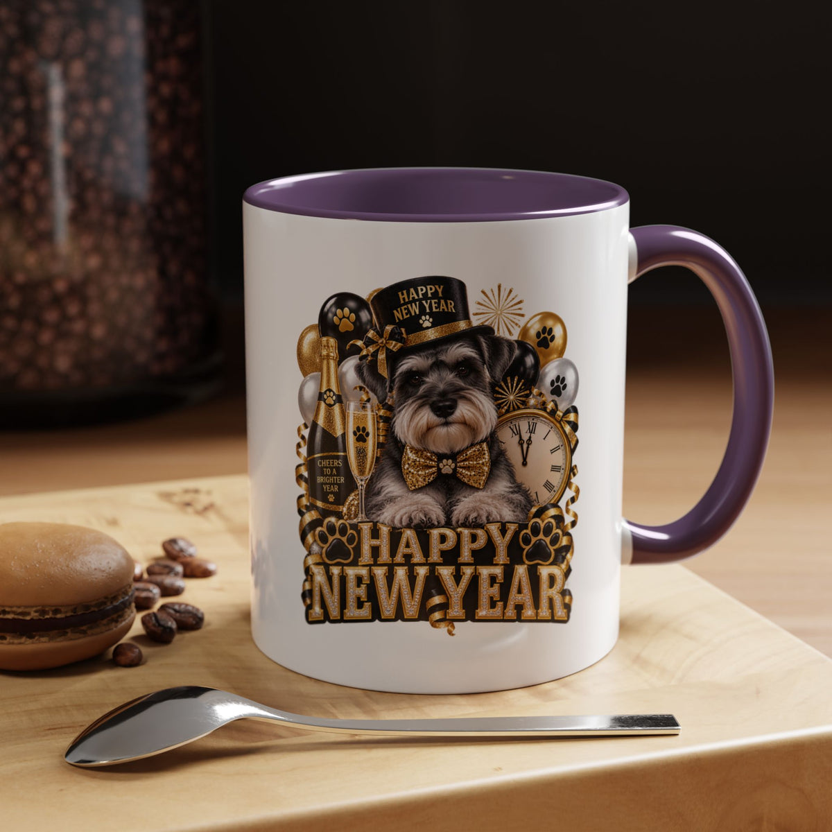 Happy New Year Dog Coffee Mug — Festive Black & Gold 11/15oz Accent Mug