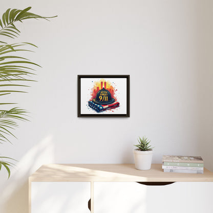 Never Forget 9/11 Framed Canvas Print — Firefighter Helmet & American Flag Memorial Art