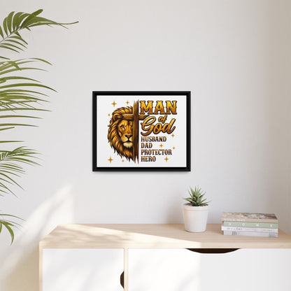 Man of God Framed Canvas Art — 'Man of God: Husband, Dad, Protector, Hero' Religious Wall Decor