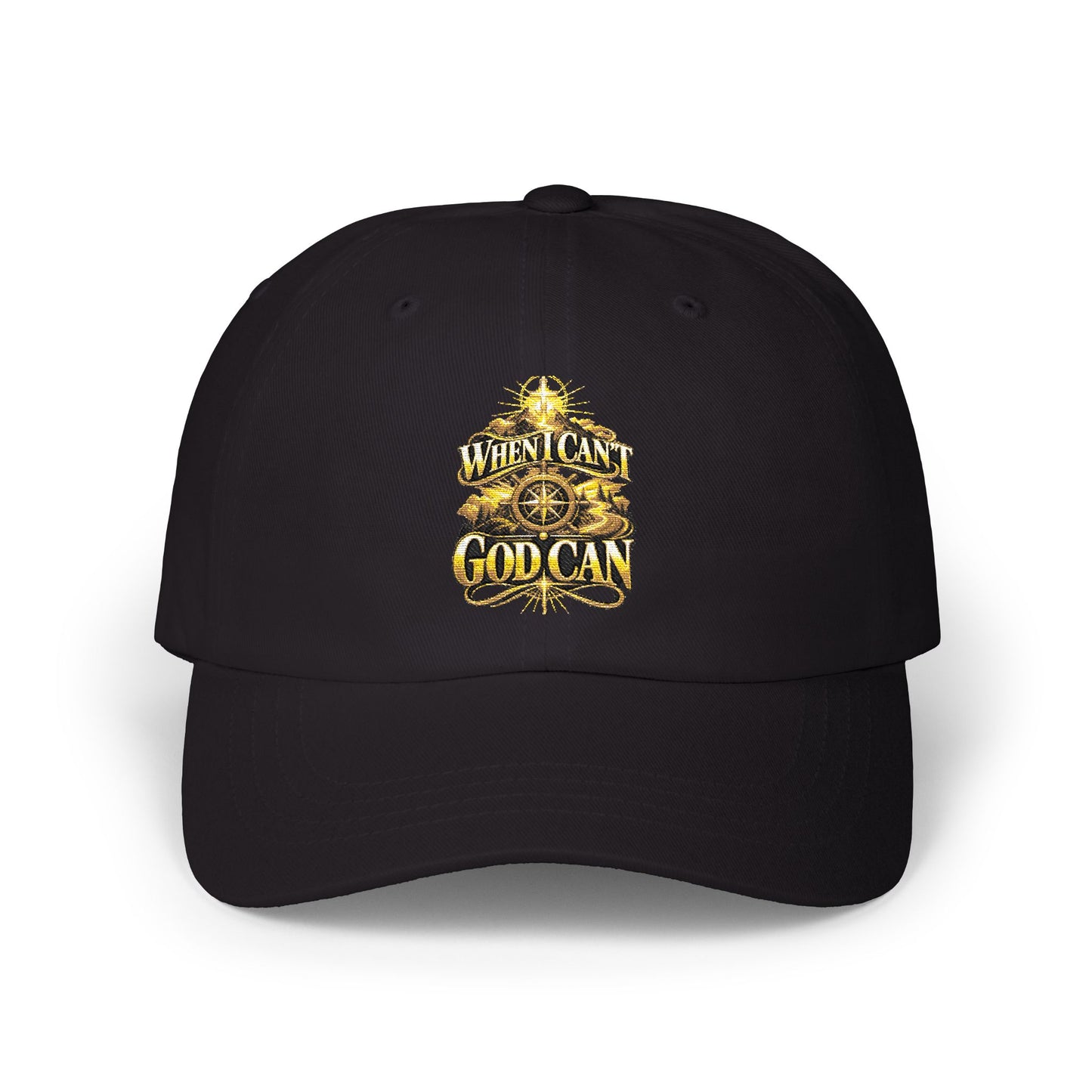 Dad Cap — Vintage Gold Crest "When I Can, God Can" Embroidered Hat