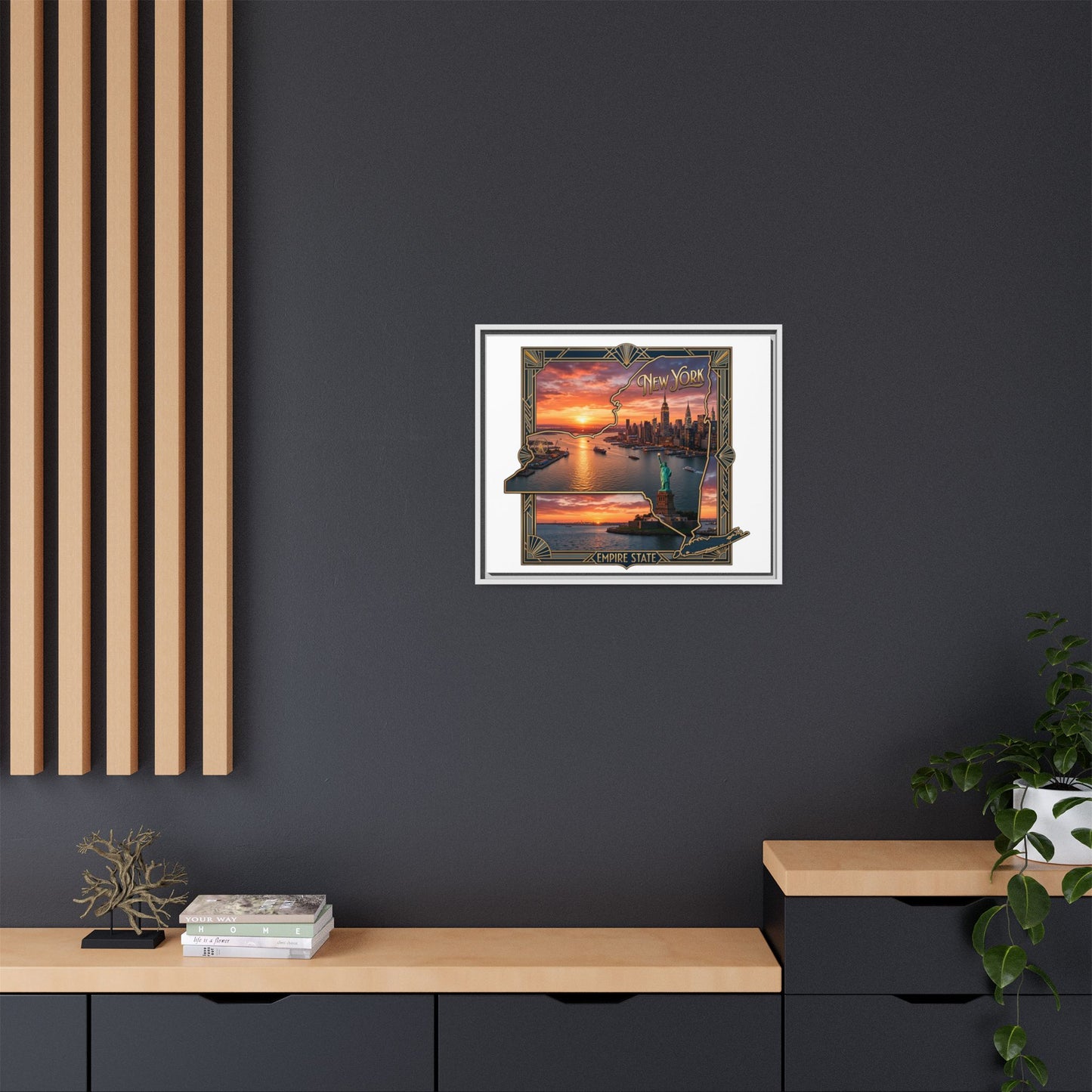 Framed Matte Canvas Wall Art — New York City Sunset Skyline with Statue of Liberty