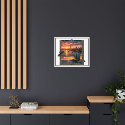 Framed Matte Canvas Wall Art — New York City Sunset Skyline with Statue of Liberty