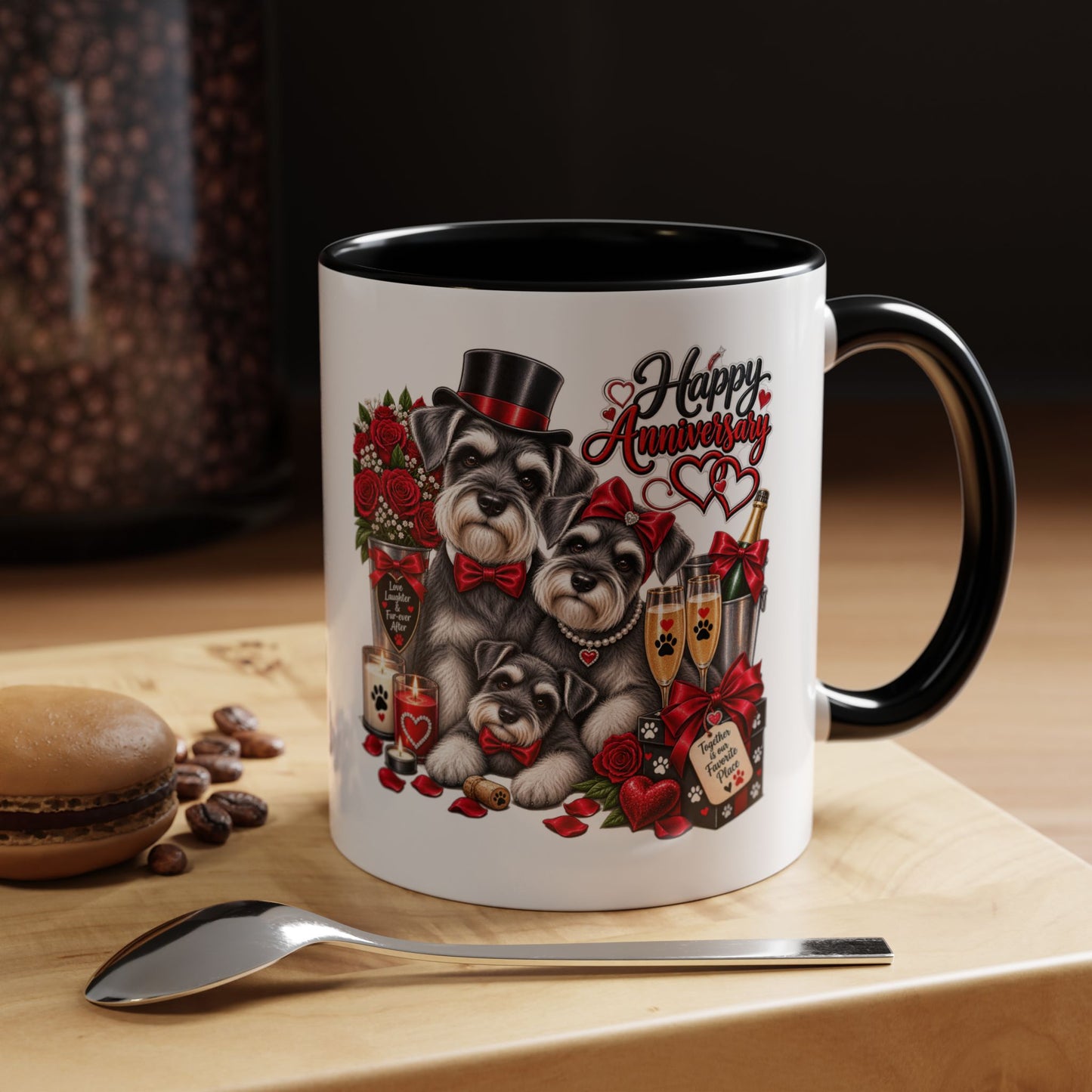 Happy Anniversary Dog Coffee Mug — Cute Pups, Champagne & Roses Accent Mug