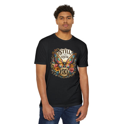 Christian Butterfly T-Shirt — "Be Still and Know That I Am God" Inspirational Tee