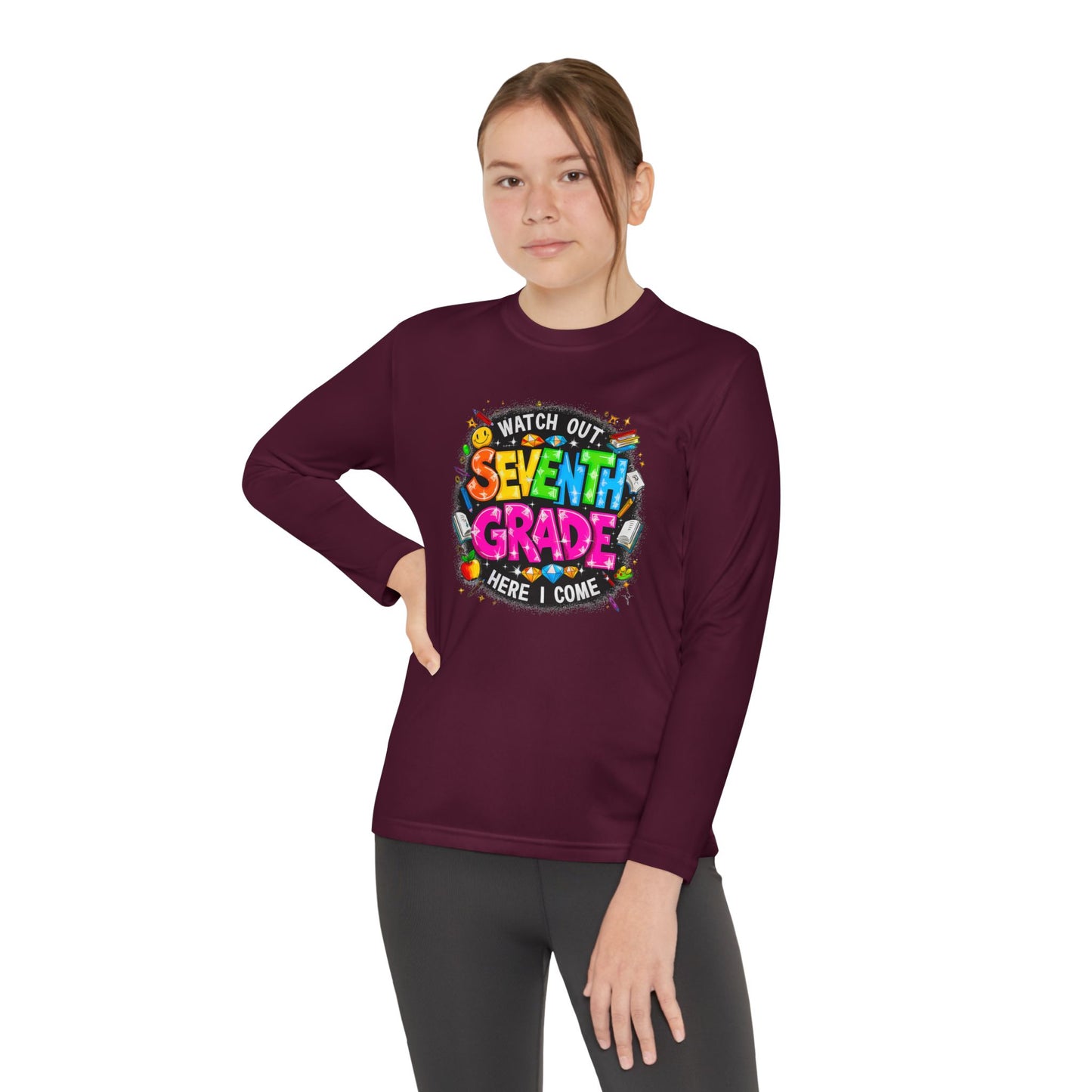 Seventh Grade Youth Long Sleeve Tee — "Watch Out Seventh Grade Here I Come" Back-to-School Shirt