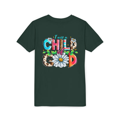 Youth Tee — "I Am a Child of God" Floral Christian Graphic