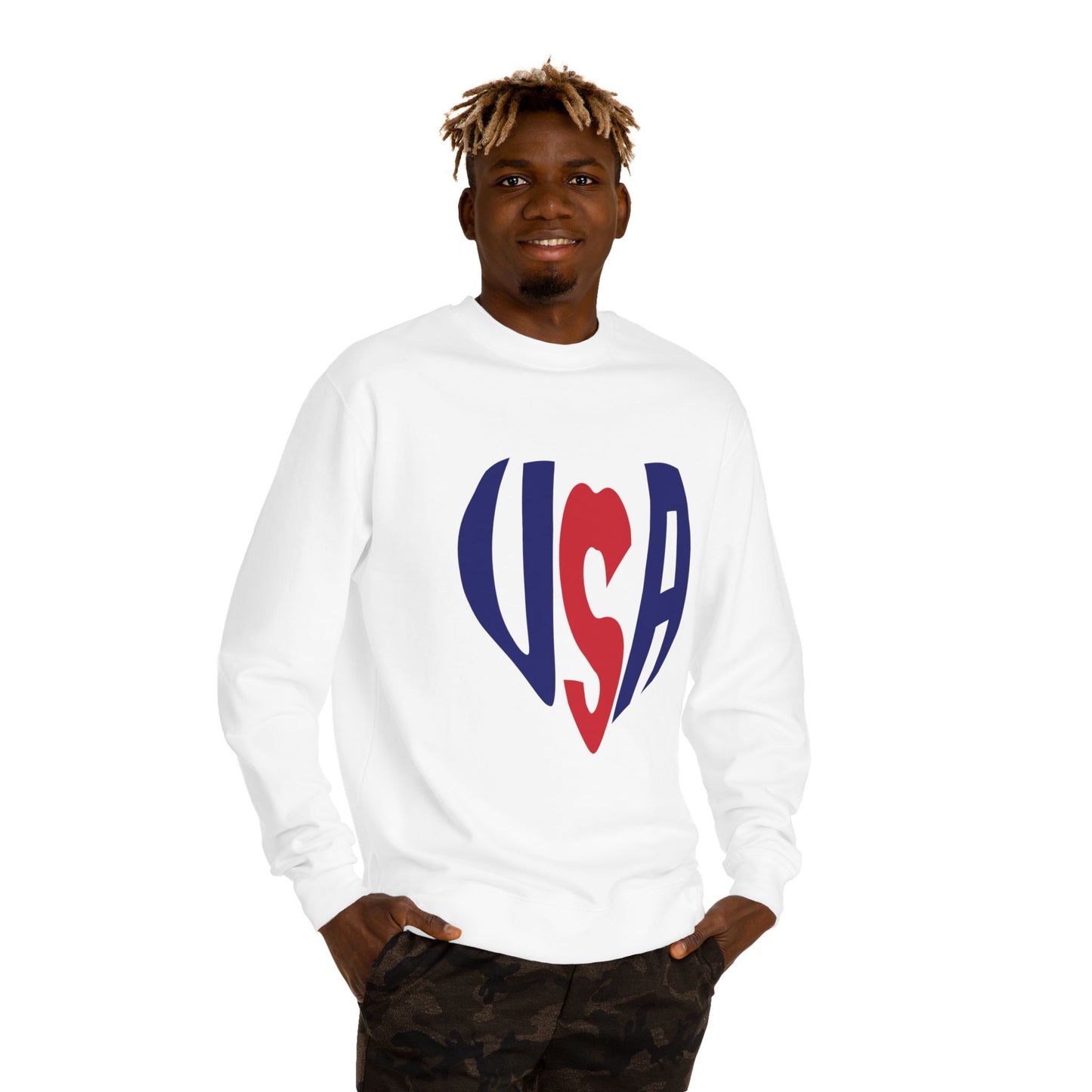 USA Heart Crewneck Sweatshirt — Patriotic Red & Blue Graphic