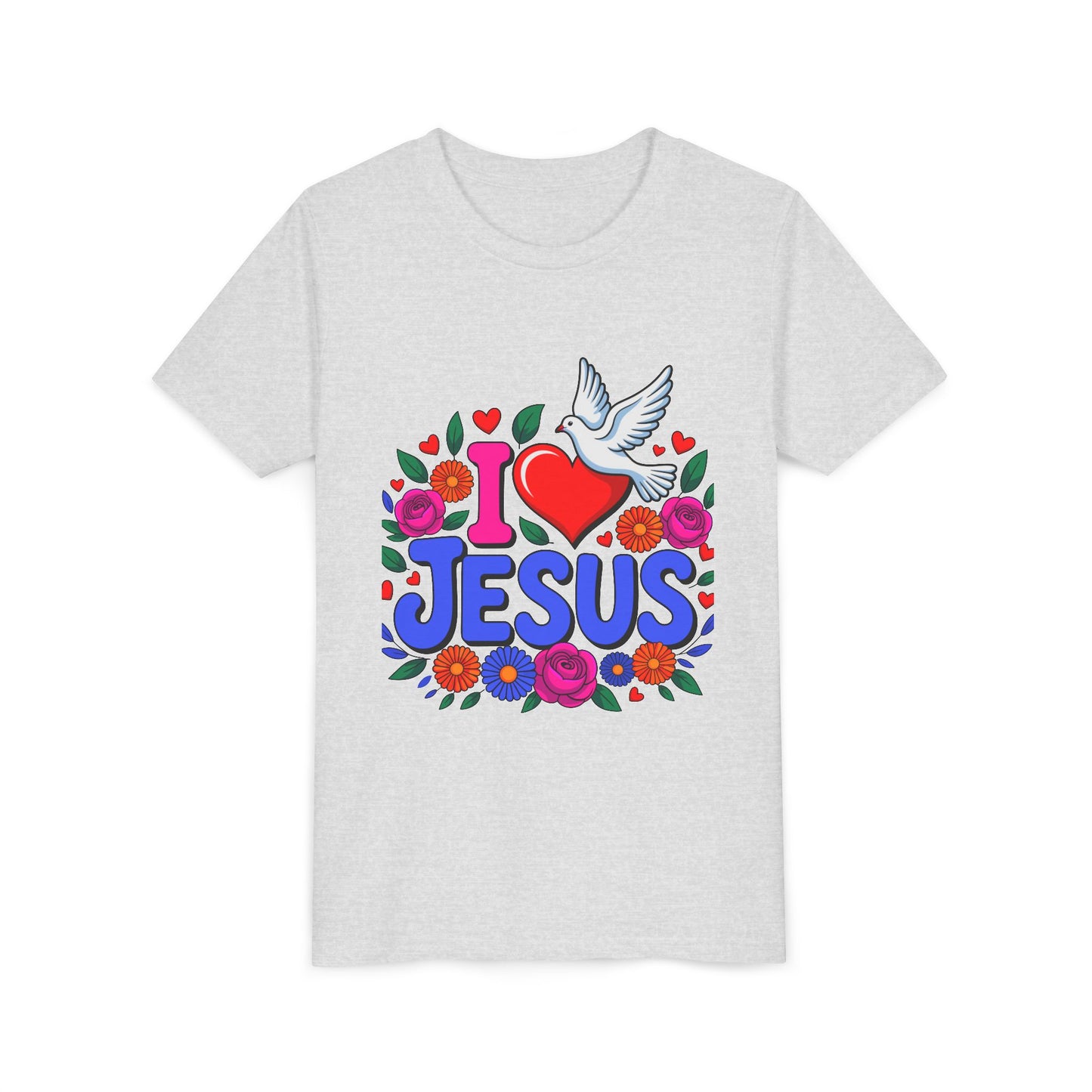 Youth Tee — "I  Jesus" Colorful Dove & Floral Christian Shirt