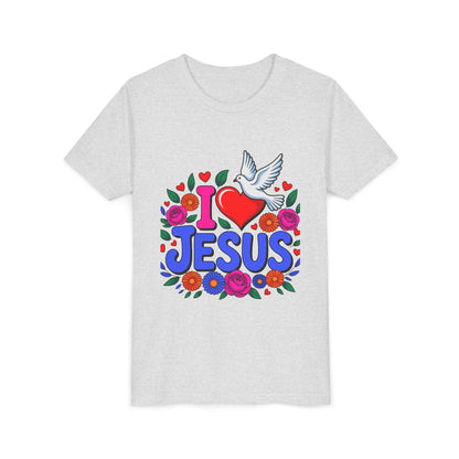Youth Tee — "I  Jesus" Colorful Dove & Floral Christian Shirt