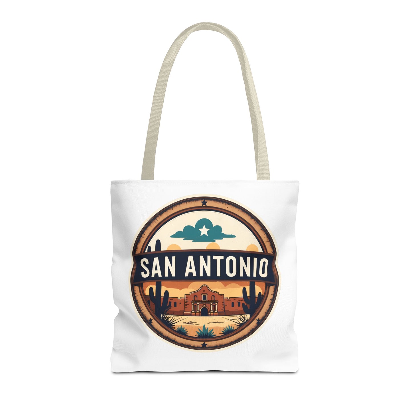 San Antonio Vintage Badge Tote Bag — Retro Texas Travel Market Tote