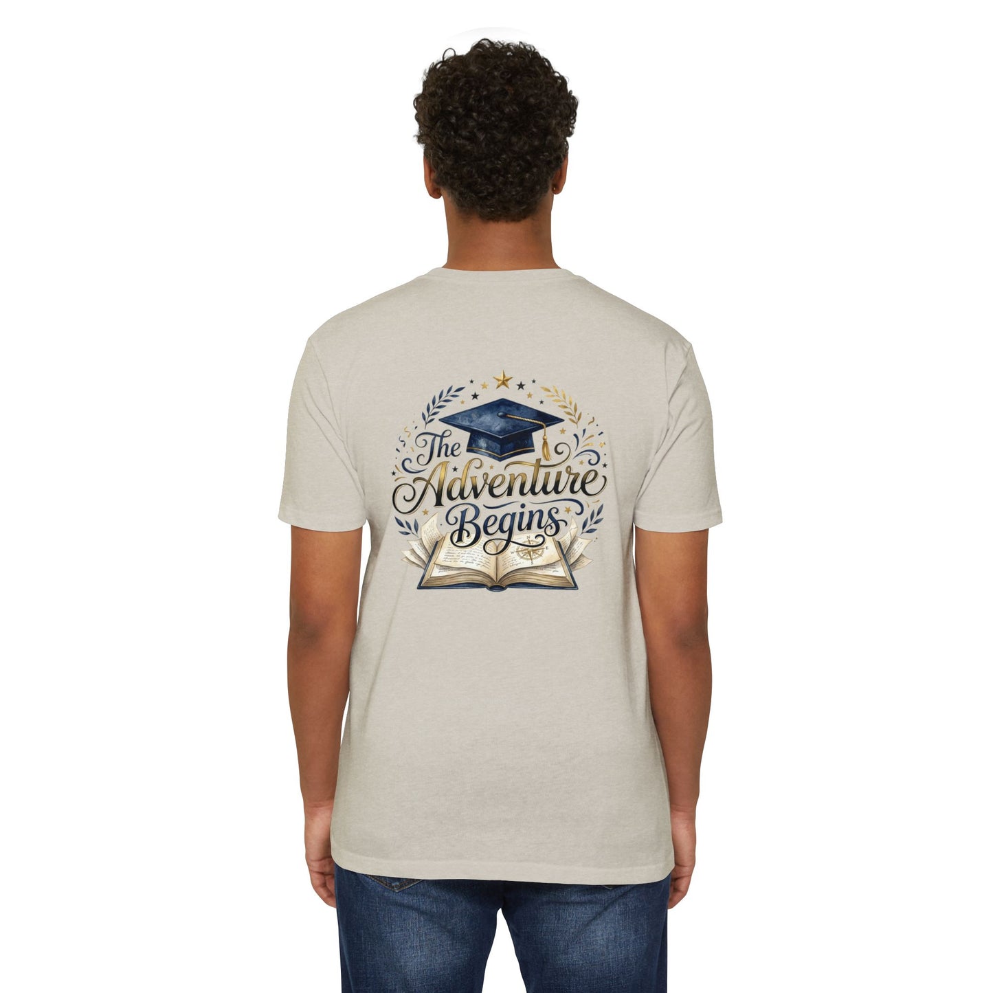 Graduation T-Shirt — "The Adventure Begins" Cap & Book Design