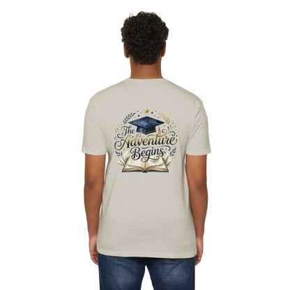 Graduation T-Shirt — "The Adventure Begins" Cap & Book Design