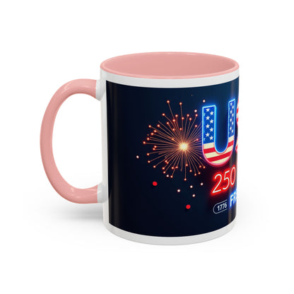 USA 250 Years of Freedom Accent Coffee Mug — Patriotic 1776–2026 Fireworks Design (11/15oz)