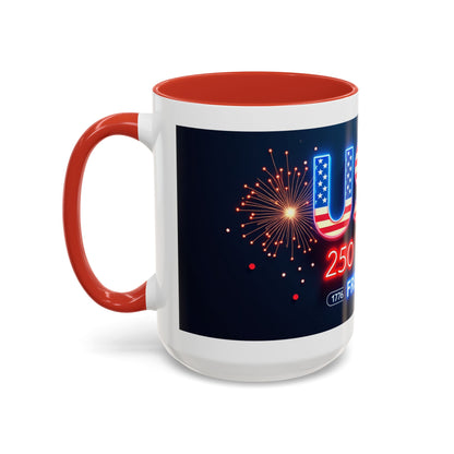 USA 250 Years of Freedom Accent Coffee Mug — Patriotic 1776–2026 Fireworks Design (11/15oz)