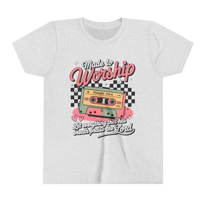 Made to Worship Youth Tee – Retro Cassette Christian Kids Shirt (Psalms 100:4)