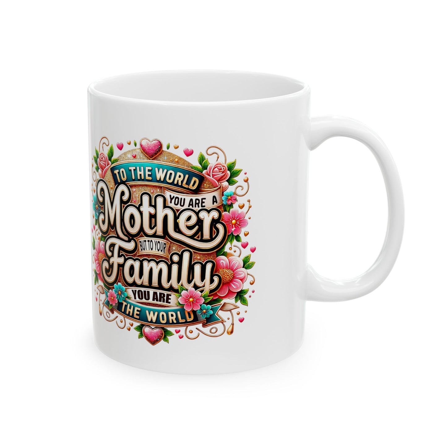 Mother Family Mug - "To the World You May Be a Mother, To Your Family You Are the World" Floral Ceramic Coffee Cup (11oz, 15oz)