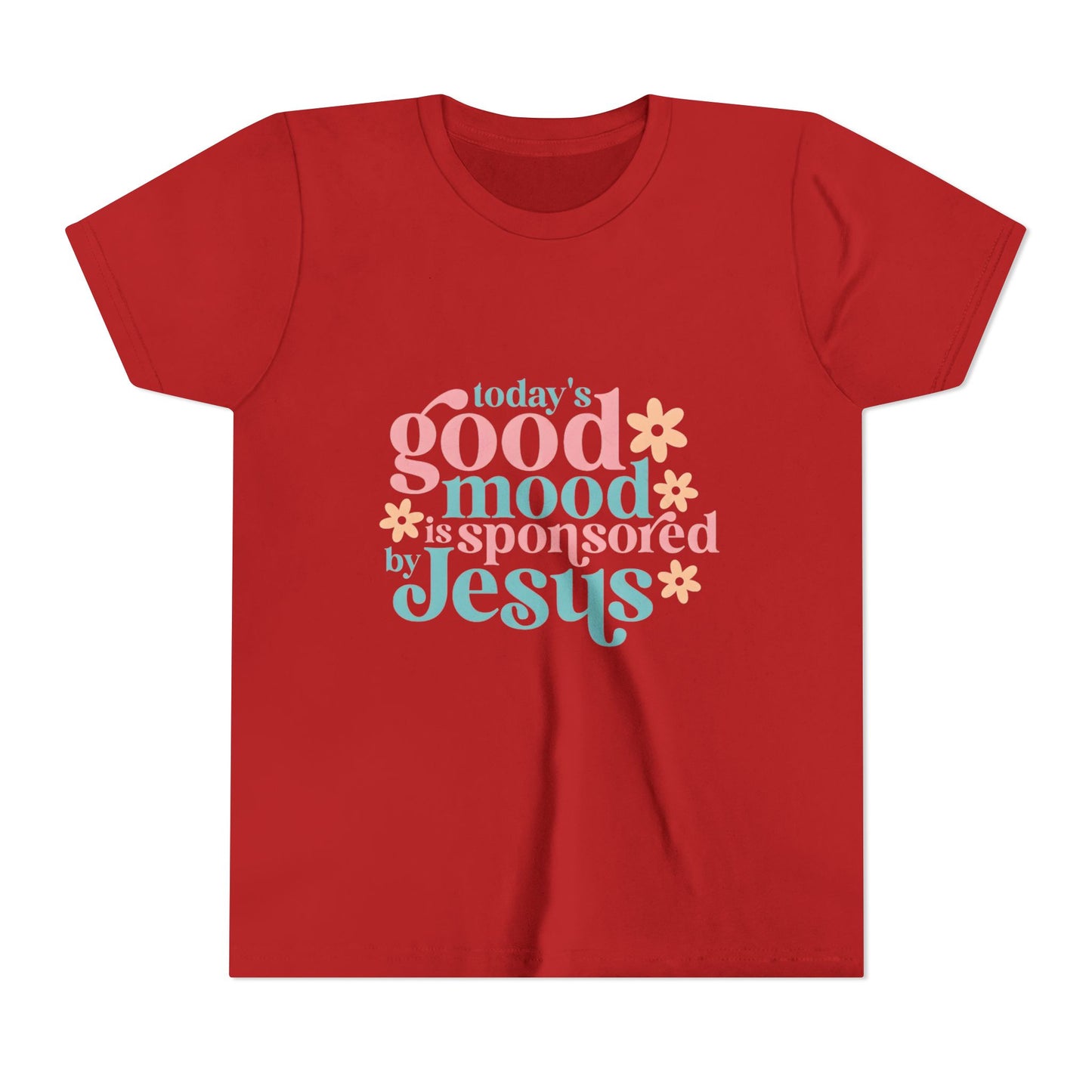 Youth Tee – "Today's Good Mood is Sponsored by Jesus" Retro Floral Christian Shirt