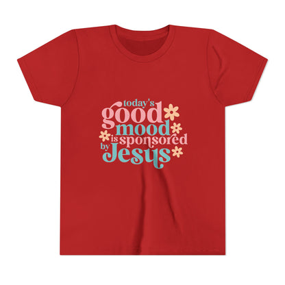 Youth Tee – "Today's Good Mood is Sponsored by Jesus" Retro Floral Christian Shirt