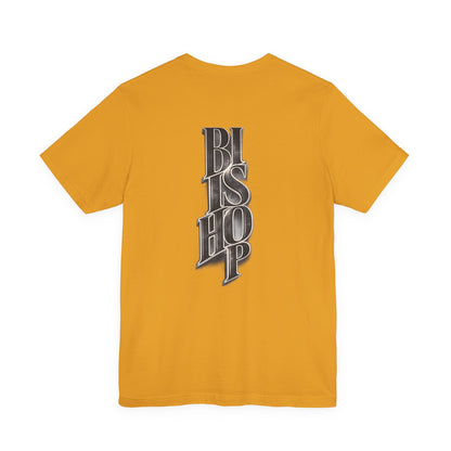 Bishop Vertical Script Tee — Vintage Gothic Lettering T-Shirt