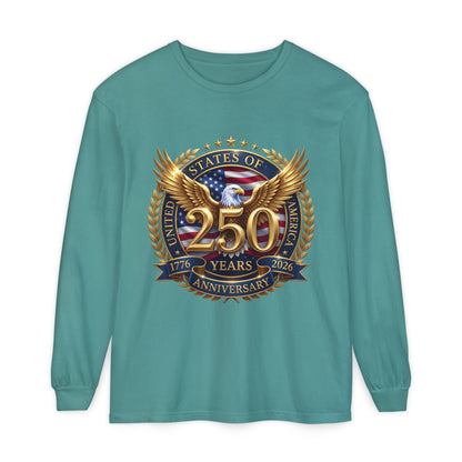 250 Years Anniversary Long Sleeve T-Shirt — USA Bicentennial 1776–2026 Eagle Emblem