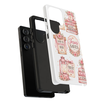 Christian Phone Case — Jesus Saves Floral Tough Case with 'God Is Within Her' & 'Trust God' Design
