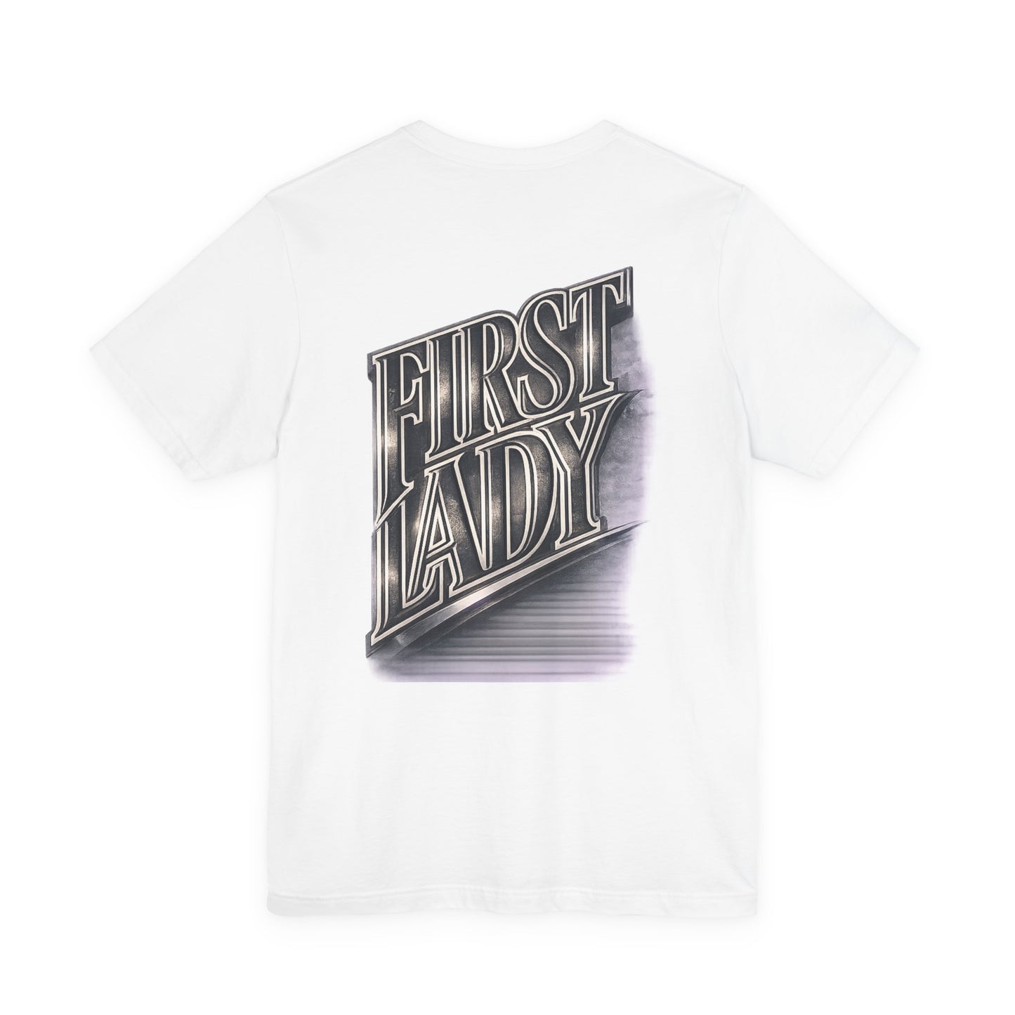 First Lady Graphic Tee — Retro Metallic Script Short Sleeve Shirt