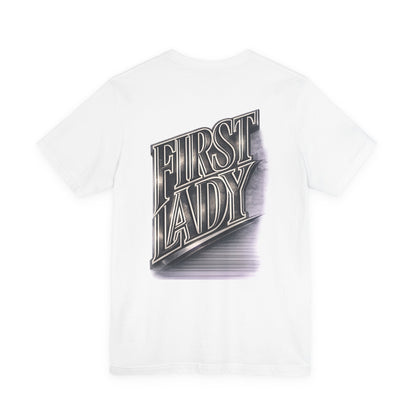 First Lady Graphic Tee — Retro Metallic Script Short Sleeve Shirt