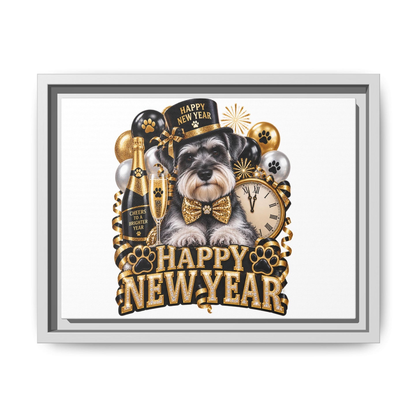 Happy New Year Schnauzer Matte Canvas Framed Art