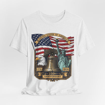 Patriotic 250th Anniversary T-Shirt - Liberty Bell, Bald Eagle & Statue of Liberty